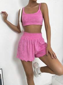 SHEIN EZwear 素色吊帶短上衣和木耳邊短褲 - 玫紅色 - 查看 6