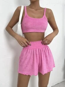 SHEIN EZwear 素色吊帶短上衣和木耳邊短褲 - 玫紅色 - 查看 7