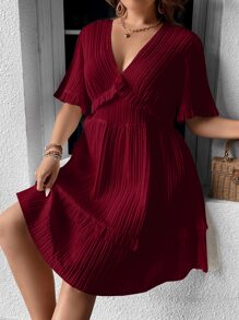 SHEIN Clasi 大碼深V領荷葉邊連衣裙 - 酒紅色 - 查看 3