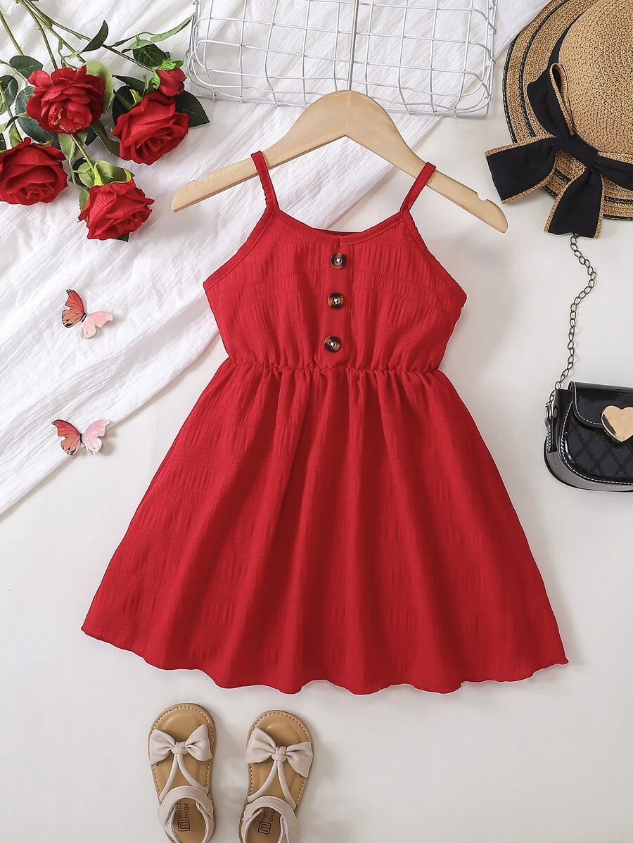 SHEIN Young Girl Red Spring Style V-neck Spaghetti Strap Dress With Scallop Hem And Gathered Waist For Summer - Red - View 1