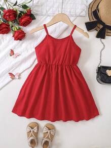 SHEIN Young Girl Red Spring Style V-neck Spaghetti Strap Dress With Scallop Hem And Gathered Waist For Summer - Red - View 2