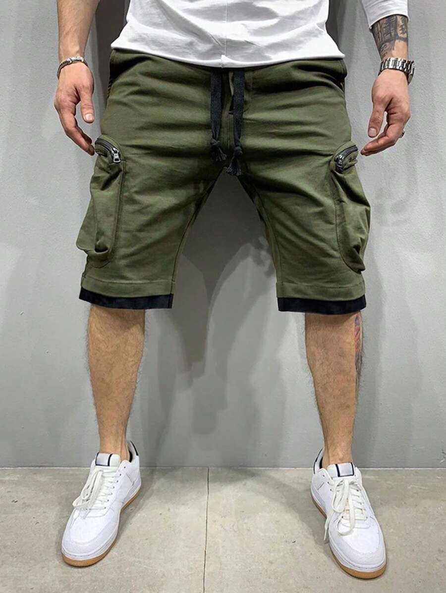 Manfinity Homme 男士拉鍊口袋拼接邊腰部抽繩短褲 - 軍綠色 - 查看 1