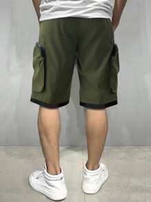 Manfinity Homme 男士拉鍊口袋拼接邊腰部抽繩短褲 - 軍綠色 - 查看 2