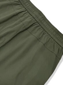 Manfinity Homme 男士拉鍊口袋拼接邊腰部抽繩短褲 - 軍綠色 - 查看 6