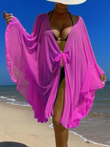 Ruffle Trim Knot Front Kimono - Hot Pink - View 1