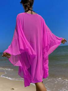 Ruffle Trim Knot Front Kimono - Hot Pink - View 2