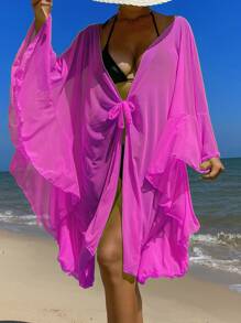 Ruffle Trim Knot Front Kimono - Hot Pink - View 3