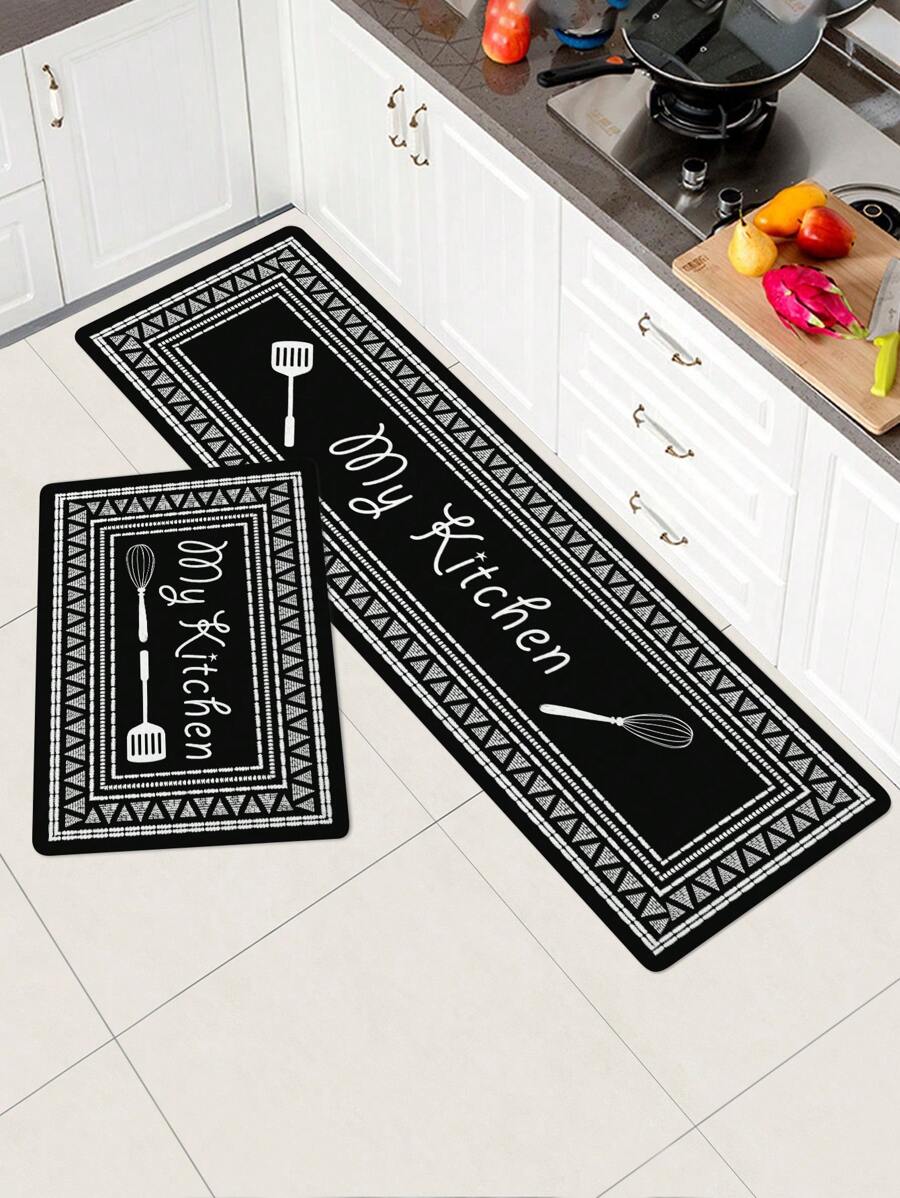 1 Tấm Thảm Nhà Bếp Họa Tiết Hình Học, Thảm Lót Sàn Polyester Hiện Đại Cho Gia Đình - Đen và trắng - Xem 1