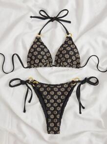 Swim Mod Summer Beach Allover Floral Print Halter Triangle Tie Side Bikini Set