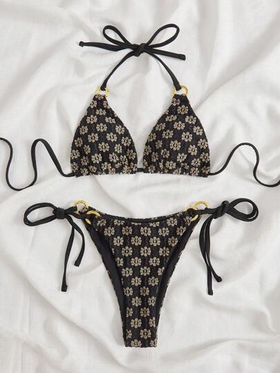 Swim Mod Summer Beach Allover Floral Print Halter Triangle Tie Side Bikini Set