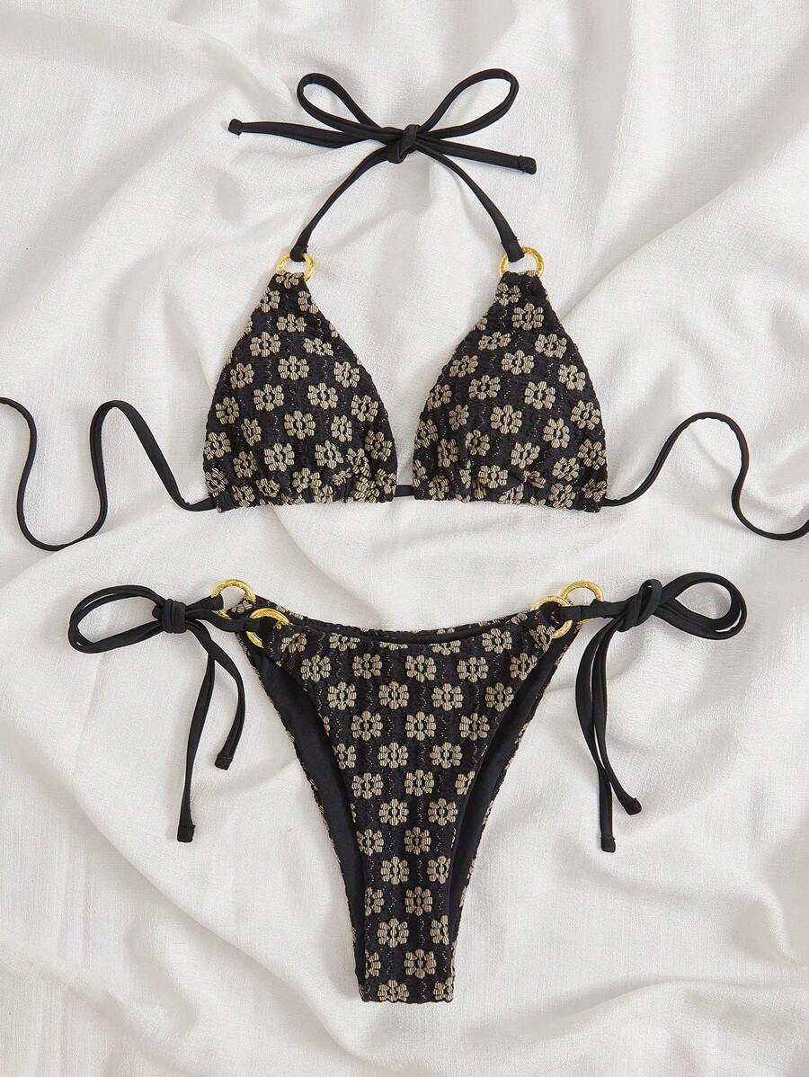 Swim Mod Summer Beach Allover Floral Print Halter Triangle Tie Side Bikini Set