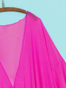 Ruffle Trim Knot Front Kimono - Hot Pink - View 4