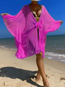 Ruffle Trim Knot Front Kimono - Hot Pink - View 5