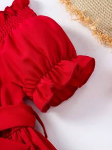 SHEIN Đầm bé gái viền lá sen Thắt lưng Cao thấp màu trơn Dễ thương - Đỏ - Xem 4