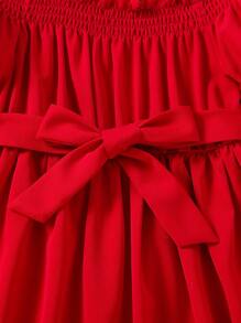 SHEIN Đầm bé gái viền lá sen Thắt lưng Cao thấp màu trơn Dễ thương - Đỏ - Xem 5