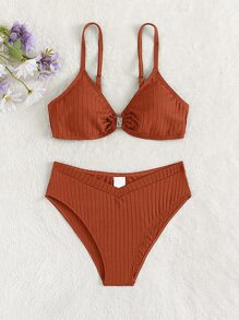 SHEIN 青少年女孩 O 形环细节罗纹针织高腰比基尼套装夏季海滩