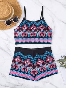 Graphic Print Shorts Tankini Summer Beach - Multicolor - View 3