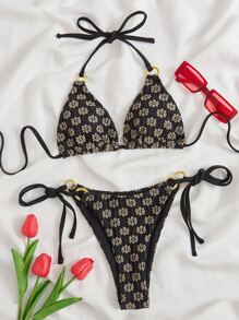Swim Mod Summer Beach Allover Floral Print Halter Triangle Tie Side Bikini Set