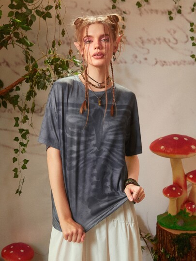 Skeleton Print Tie Dye Drop Shoulder Tee