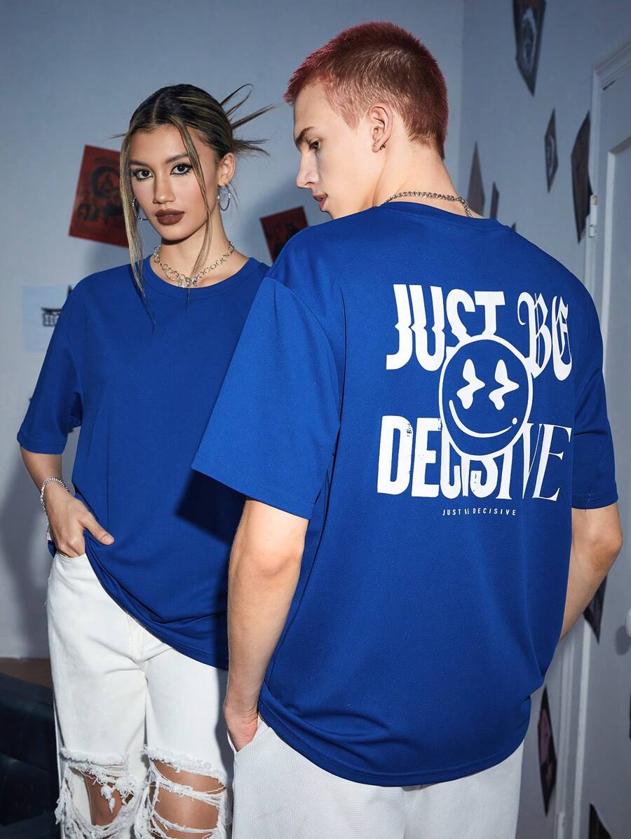 SWAVVY 1 Miếng Lỏng lẻo phù hợp Áo thun Với In Slogan & Hoạt hình Hình ảnh - Màu xanh lam - Xem 1