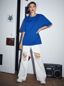 SWAVVY 1 Miếng Lỏng lẻo phù hợp Áo thun Với In Slogan & Hoạt hình Hình ảnh - Màu xanh lam - Xem 6