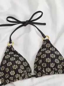 Swim Mod Summer Beach Allover Floral Print Halter Triangle Tie Side Bikini Set