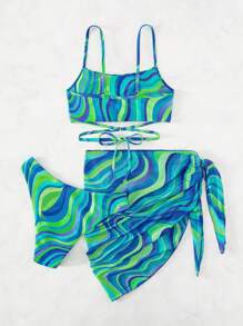Allover Print Bikini Set With Beach Skirt - Green - View 2