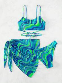 Allover Print Bikini Set With Beach Skirt - Green - View 3