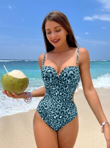豹紋印花交叉圍裹聚攏連身泳裝 - 藍色 - 查看 1
