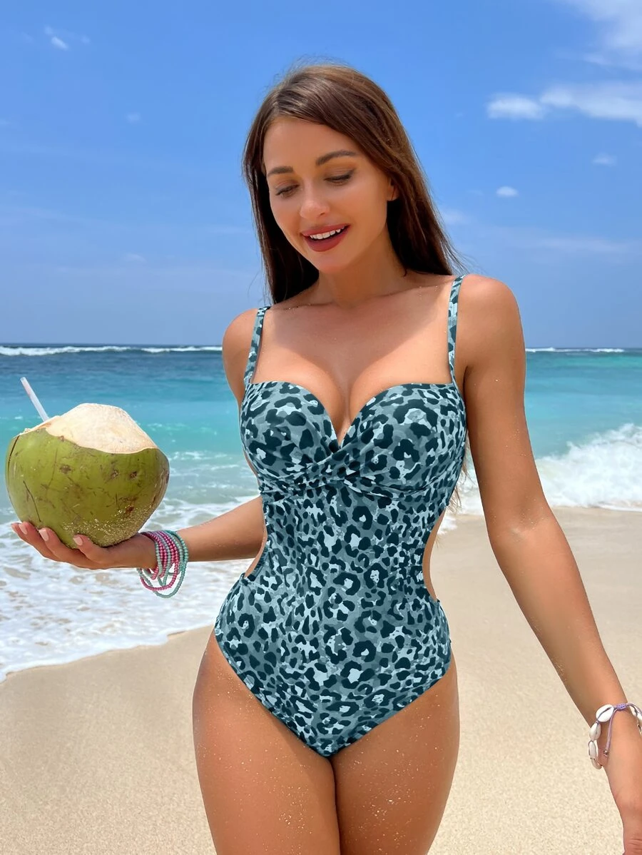 豹紋印花交叉圍裹聚攏連身泳裝 - 藍色 - 查看 1