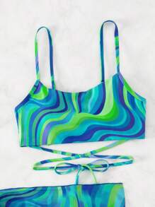 Allover Print Bikini Set With Beach Skirt - Green - View 4