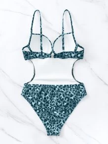 豹紋印花交叉圍裹聚攏連身泳裝 - 藍色 - 查看 3