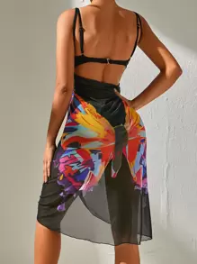 SHEIN Butterfly Print Mesh Overlay Cami Dress For Summer Beach Vacation - Multicolor - View 1