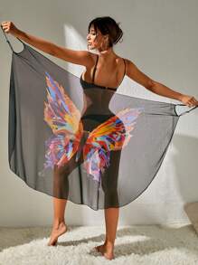 SHEIN Butterfly Print Mesh Overlay Cami Dress For Summer Beach Vacation - Multicolor - View 2