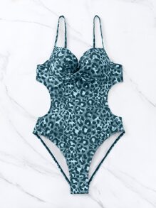 豹紋印花交叉圍裹聚攏連身泳裝 - 藍色 - 查看 5