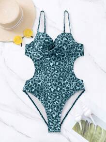 豹紋印花交叉圍裹聚攏連身泳裝 - 藍色 - 查看 6