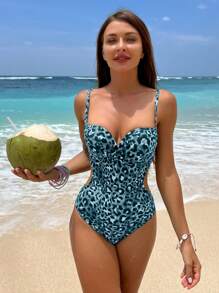 豹紋印花交叉圍裹聚攏連身泳裝 - 藍色 - 查看 8