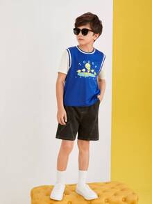 LOONEY TUNES X SHEIN Tween Boy Cartoon Graphic 2 In 1 Tee - Royal Blue - View 7