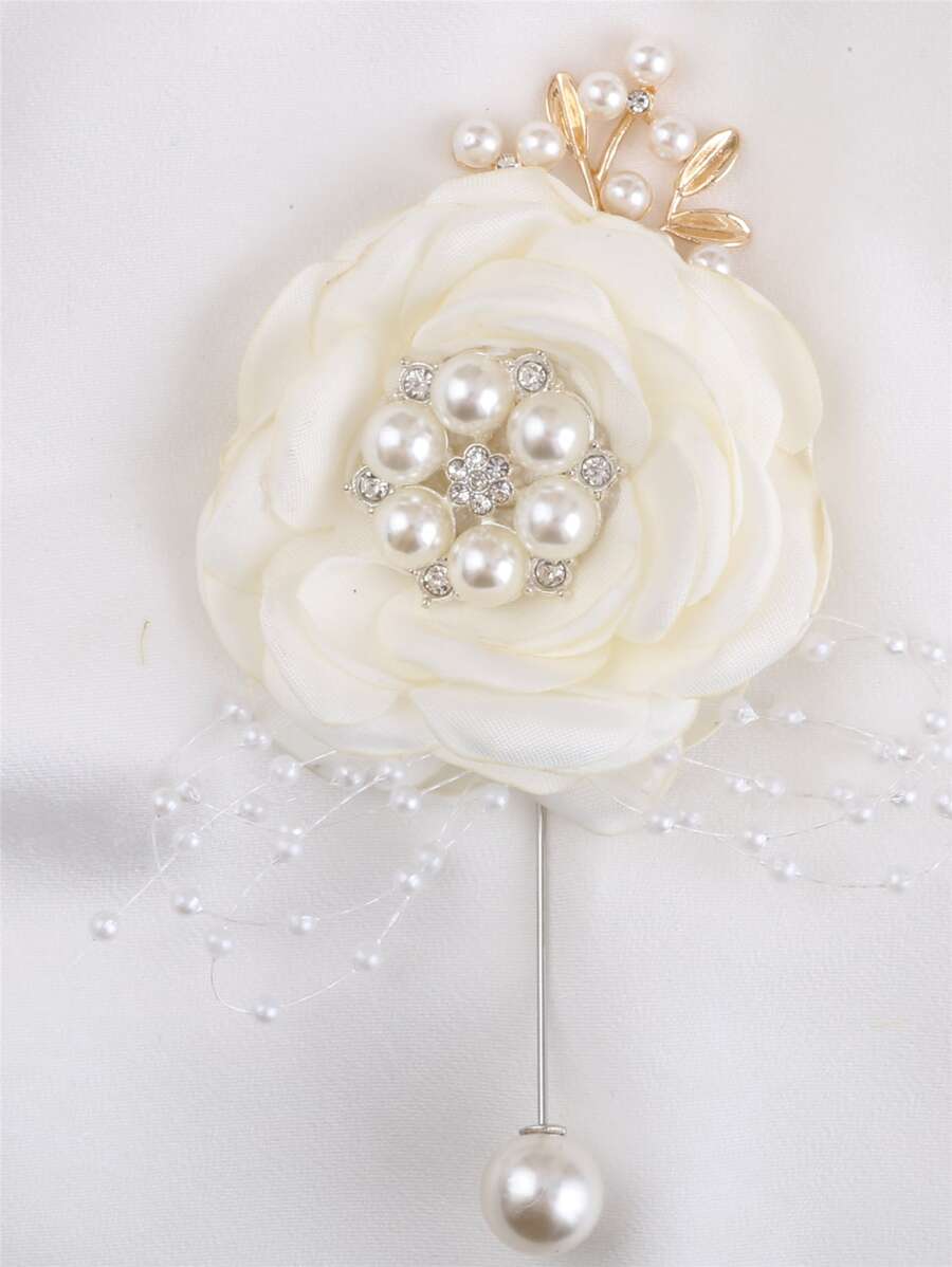 珍珠和花朵裝飾胸花 - 米色 - 查看 1