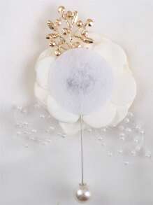 珍珠和花朵裝飾胸花 - 米色 - 查看 2