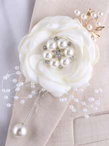 珍珠和花朵裝飾胸花 - 米色 - 查看 3
