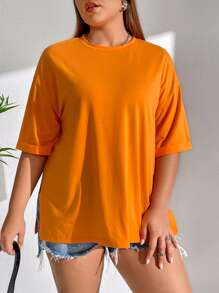 SHEIN EZwear 大碼素色落肩T恤 - 橘色 - 查看 3