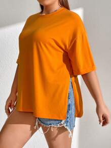 SHEIN EZwear 大碼素色落肩T恤 - 橘色 - 查看 4