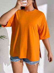 SHEIN EZwear 大碼素色落肩T恤 - 橘色 - 查看 5