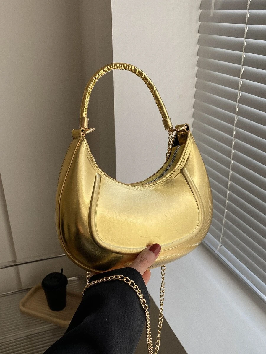 Small Hobo Bag Metallic Chain Zipper PU, Funky, Punk & Bag For Street Wear - Gold - View 1