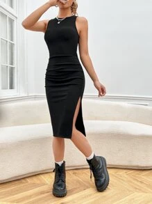 SHEIN EZwear 素色高衩背心連衣裙 - 黑色 - 查看 1