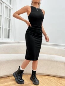 SHEIN EZwear 素色高衩背心連衣裙 - 黑色 - 查看 3