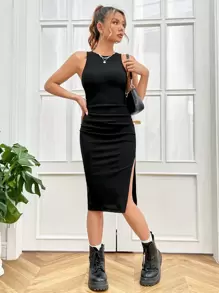 SHEIN EZwear 素色高衩背心連衣裙 - 黑色 - 查看 6