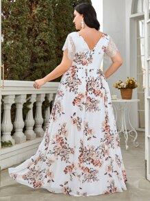 大碼印花高衩雪紡伴娘連衣裙 - 白色 - 查看 3