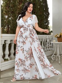 大碼印花高衩雪紡伴娘連衣裙 - 白色 - 查看 7